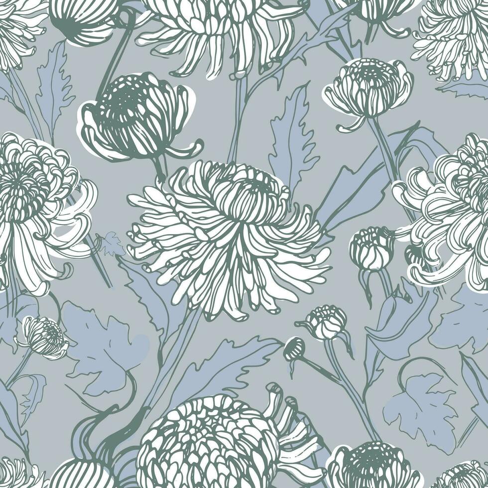 Japanese chrysanthemum hand drawn seamless pattern with buds, flowers, leaves. Vintage style illustration. vector