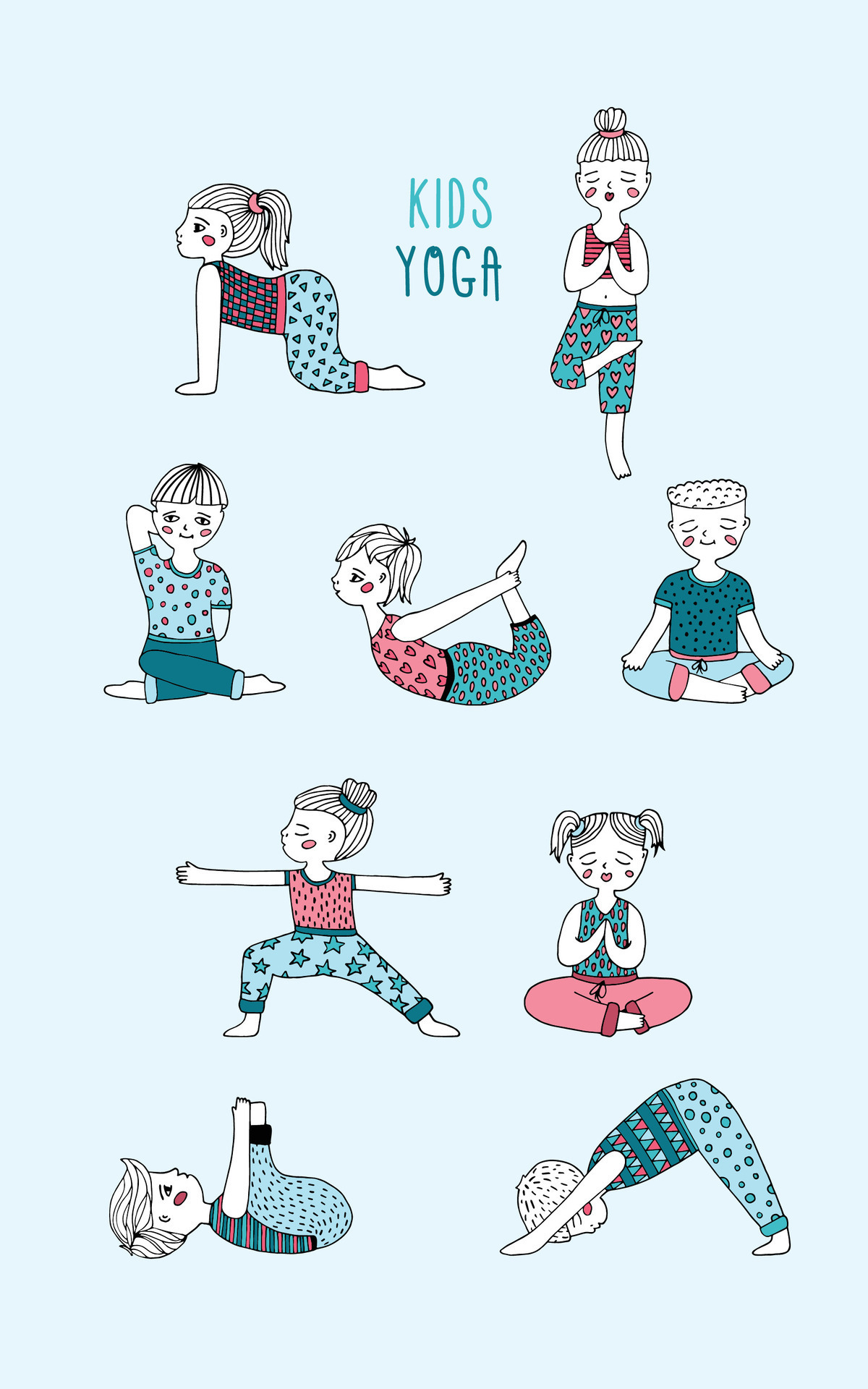 Kids yoga set. Children perform exercises, asanas, postures