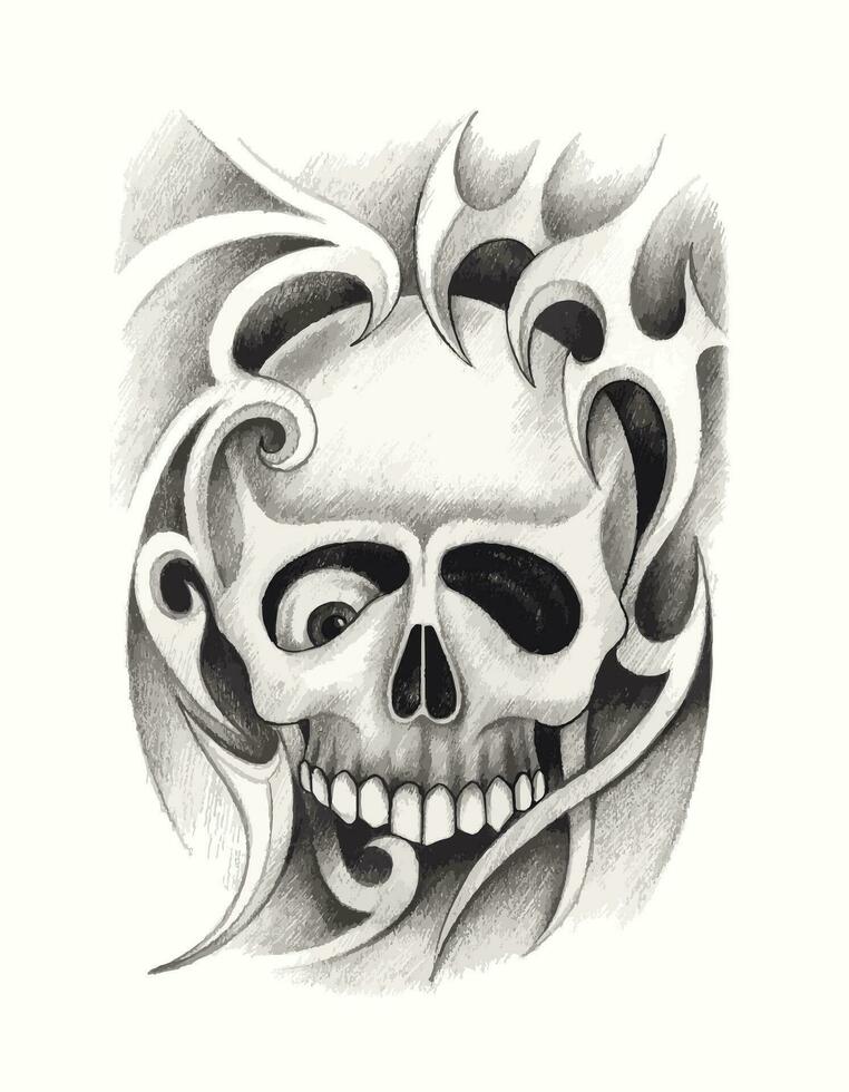 surrealista cráneo tatuaje mano dibujo y hacer gráfico vector. vector