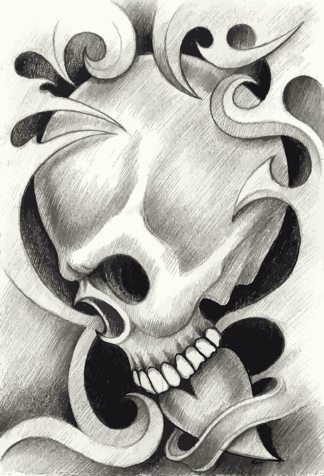 surrealista cráneo tatuaje mano dibujo y hacer gráfico vector. vector