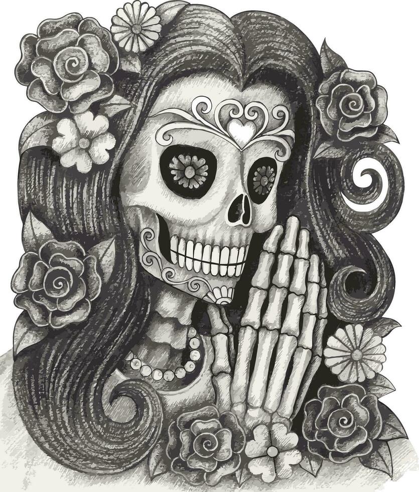 Model skull day of the dead hand drawing and make graphic vector