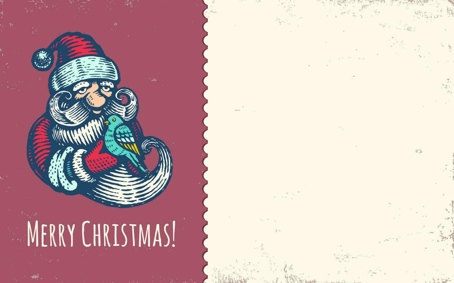 Vector vintage vector postcard with Santa Claus and bird for Christmas.