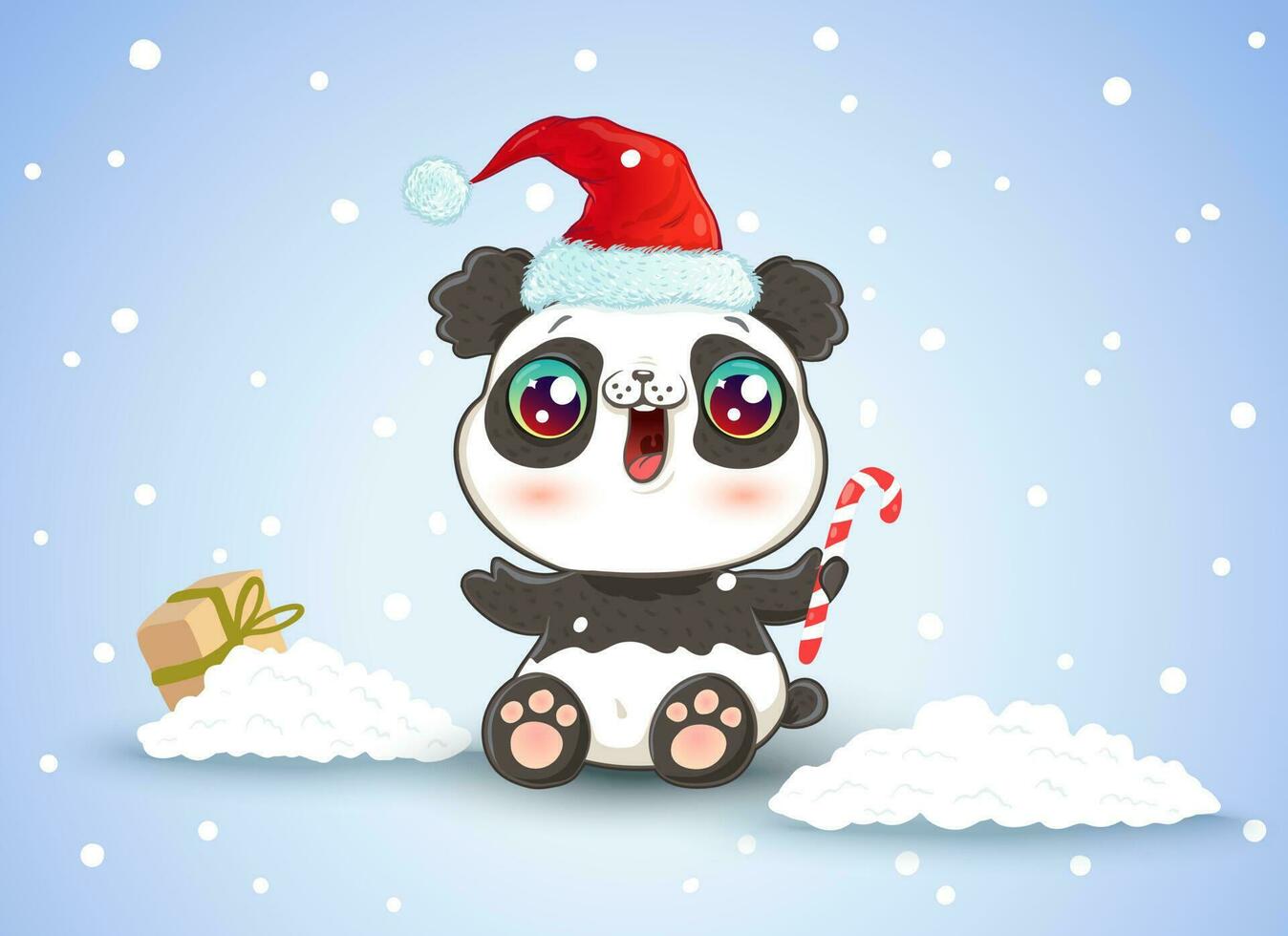 panda en la nieve en estilo kawaii para navidad vector