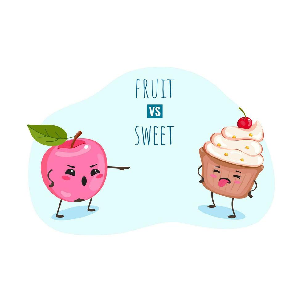 Image of an apple and a cupcake, concept of benefits of fruit and harms of sweets, fructose vs. sugar vector