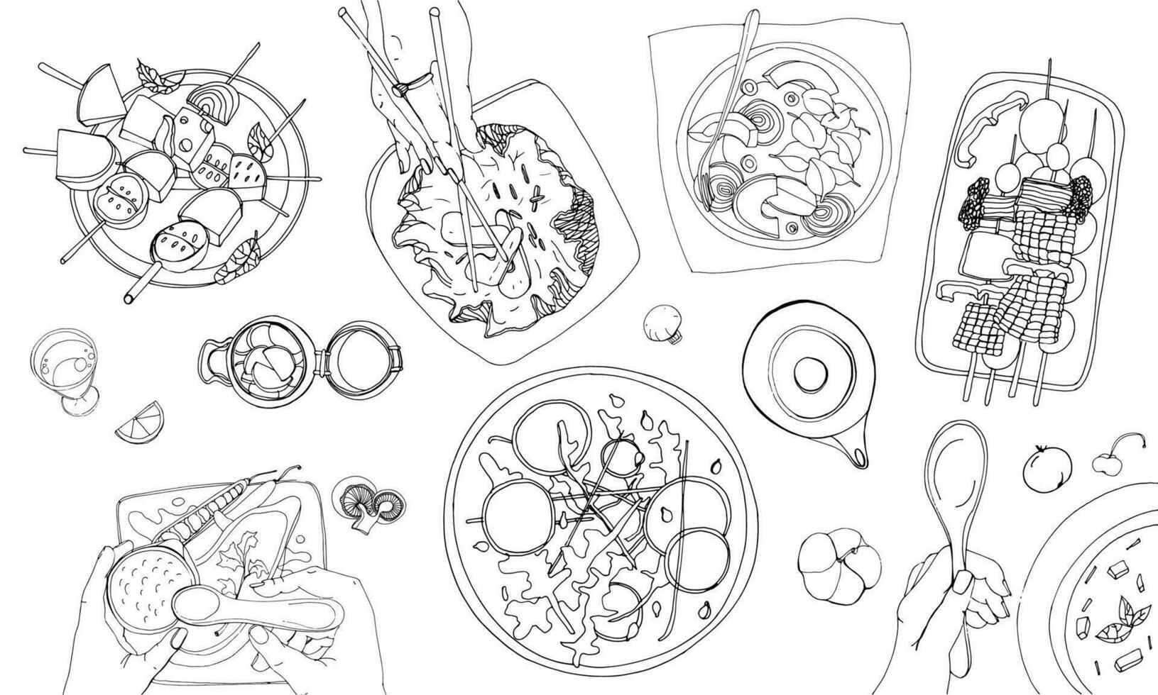 Festive vegetarian tableful, laid table, holidays hand drawn contour illustration, top view vector