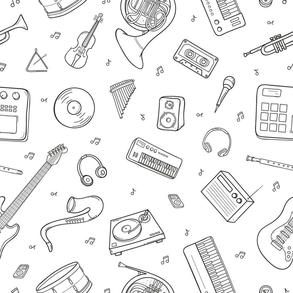 Seamless pattern with various musical instruments, symbols, objects and elements. Hand drawn contour illustration. vector