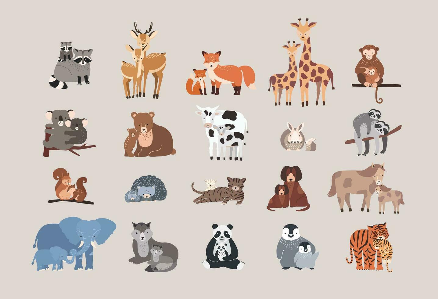 cute animals with babies set. raccoon, deer, fox, giraffe, monkey, koala, bear, cow, rabbit, sloth, squirrel, hedgehog, cat, dog, pony horse, elephant, wolf with cubs. collection flat illustration. vector