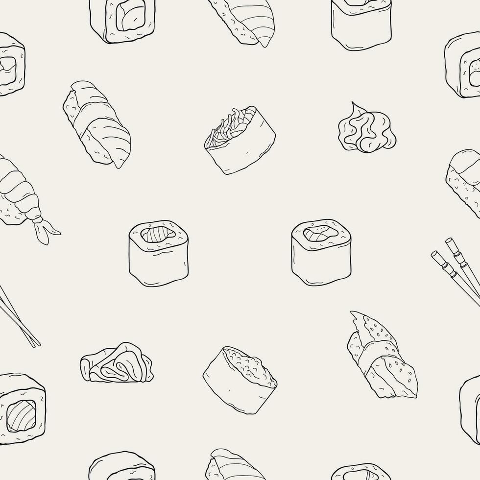 Japanese seafood sushi rolls seamless pattern. Traditional food. Nori, temaki, nigiri, futomaki. Black and white. vector