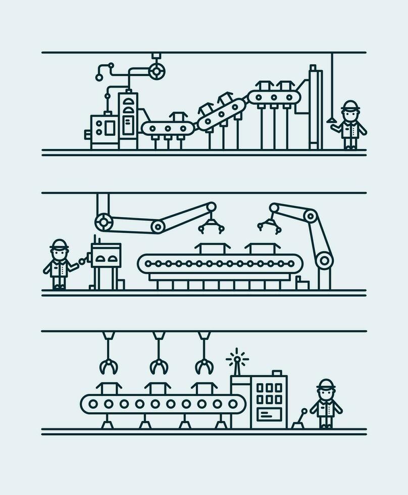 Line art conveyor system in flat style. Professional mechanism to produce new product with remote control. Outline illustration. vector
