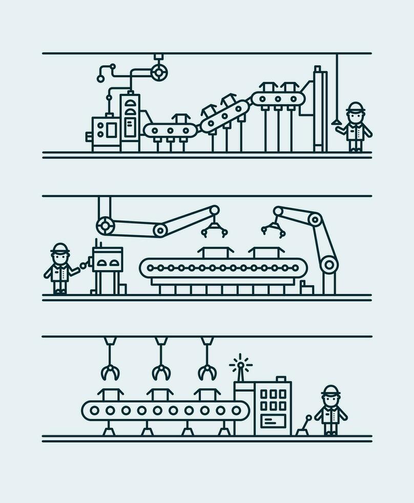 línea Arte transportador sistema en plano estilo. profesional mecanismo a Produce nuevo producto con remoto control. contorno ilustración. vector