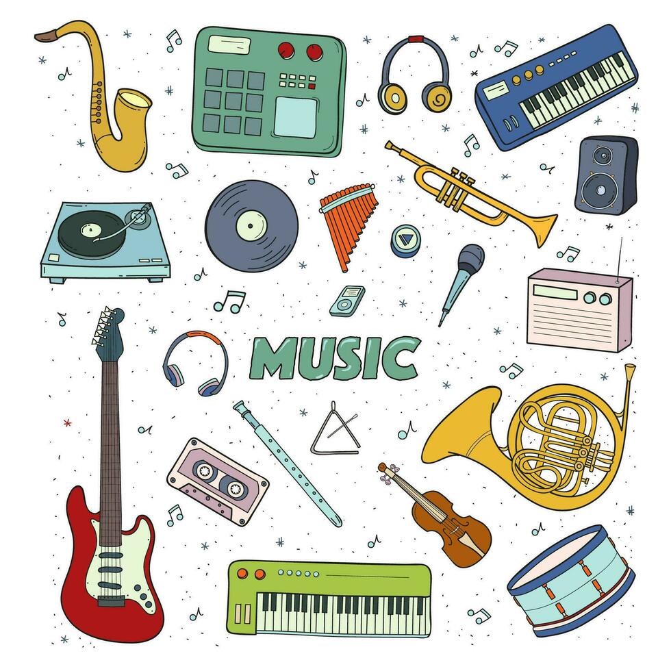 Set of a musical instruments. Colorful illustration. Tape recorder, record player, turntable, headphones, microphone, violin, trumpet, synthesizer, flute, speakers. vector