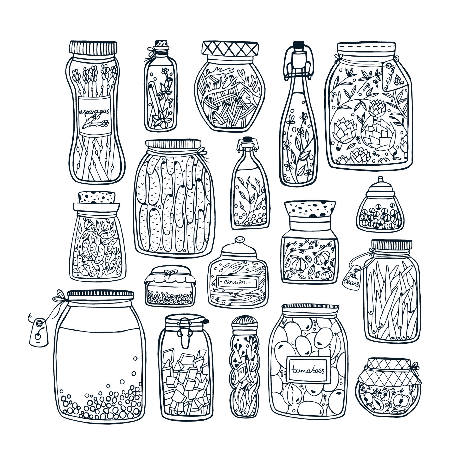 Set of pickled jars with vegetables, fruits, herbs and berries on