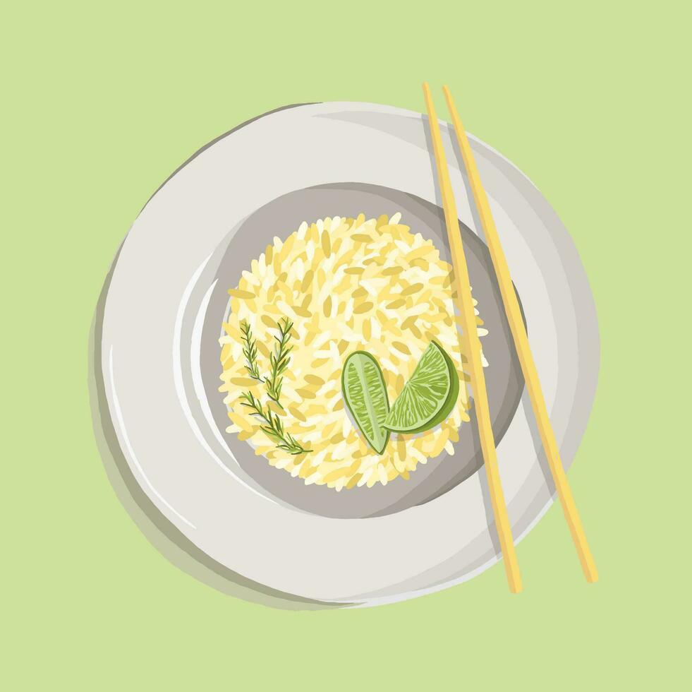 arroz pilaf con cúrcuma polvo, Romero, Lima y palillos en blanco lámina. realista plato, vector ilustración