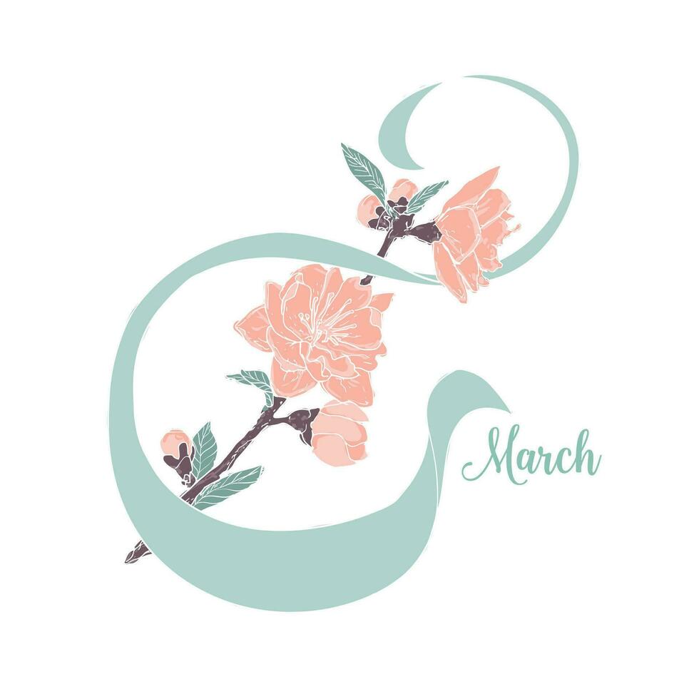 8 March greeting card. Women's Day design template with flowers and figure. vector