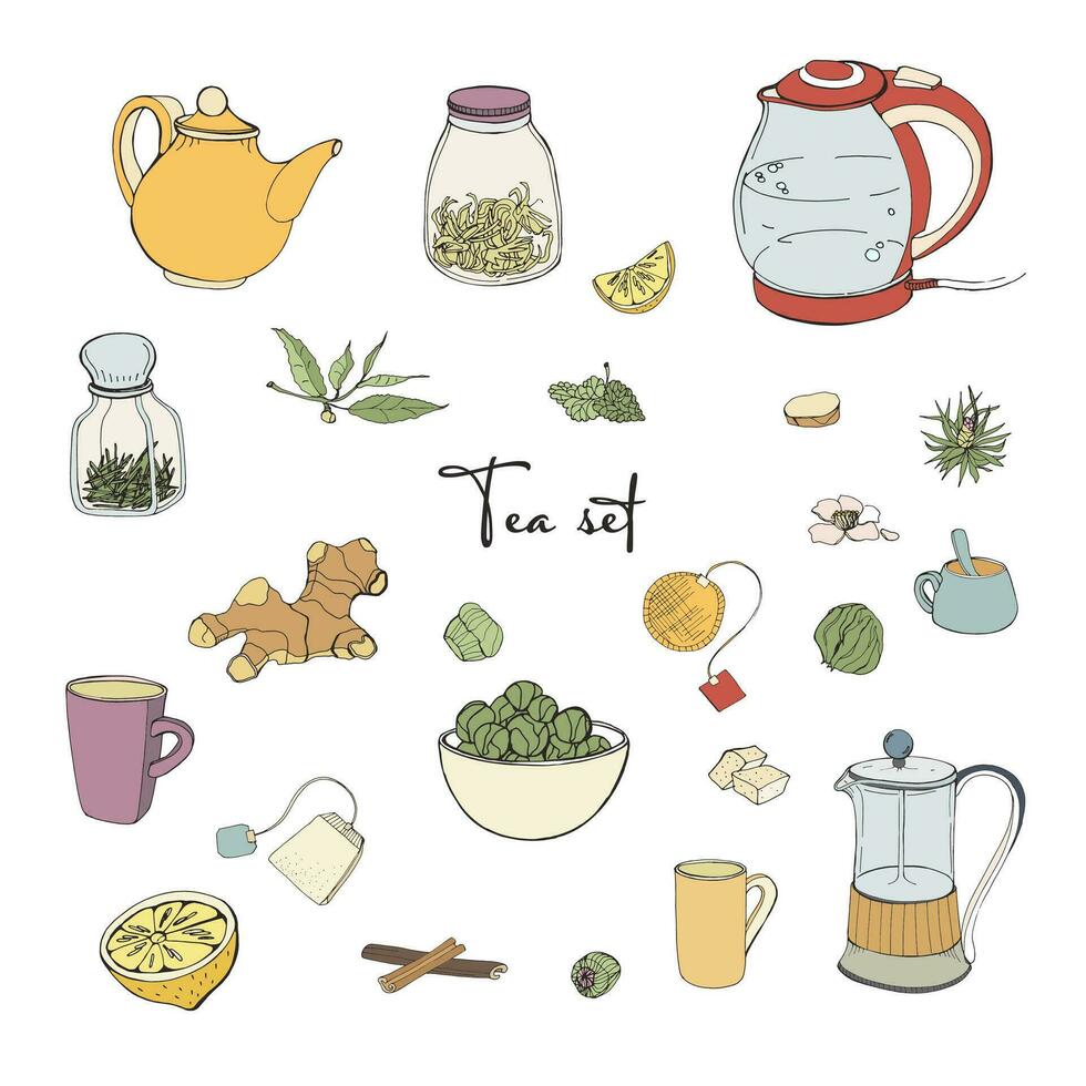 Set tea party objects. Collection with hand drawn kettle,jar,lemon,leaf,cup,ginger,cinnamon. vector colorful illustration.