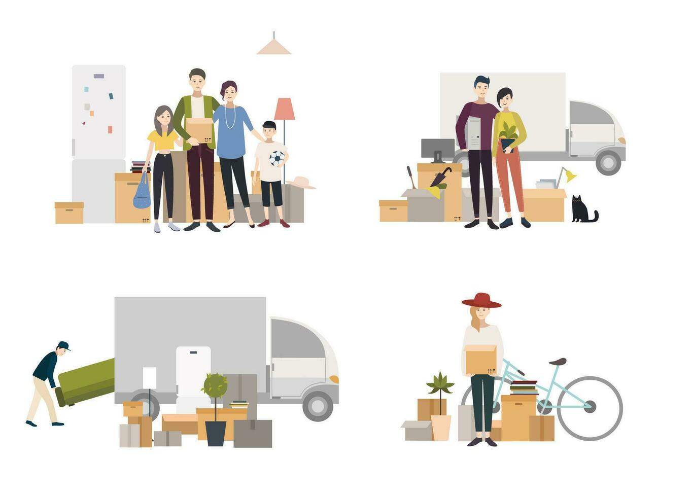 People moving into a new house with things. Set of images in flat style. vector