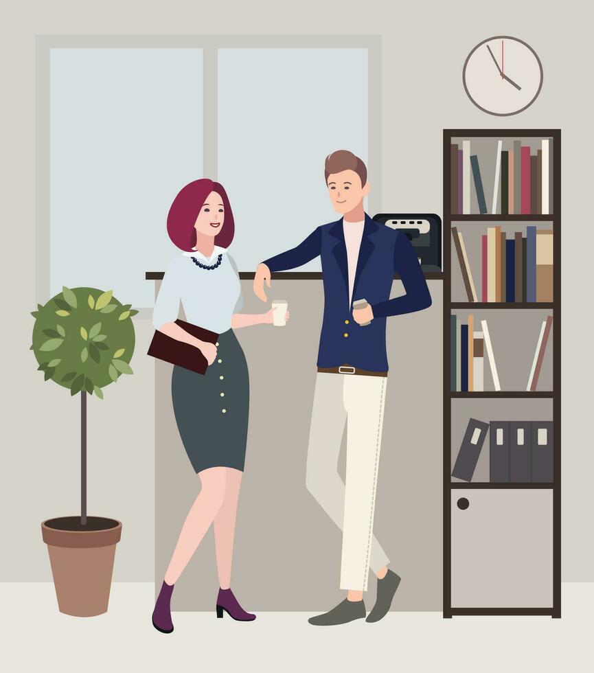 Relationships at work. coffee break. woman and man are flirting. Colorful flat illustration. vector