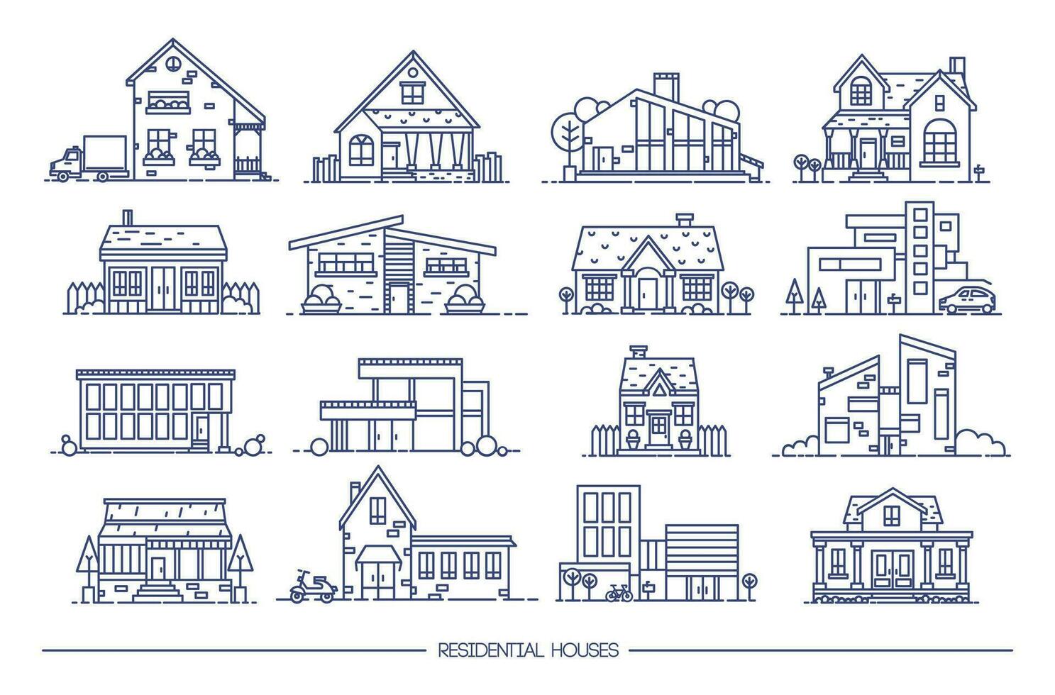 Line art residential house collection. Set of flat style. Contour vector illustration.