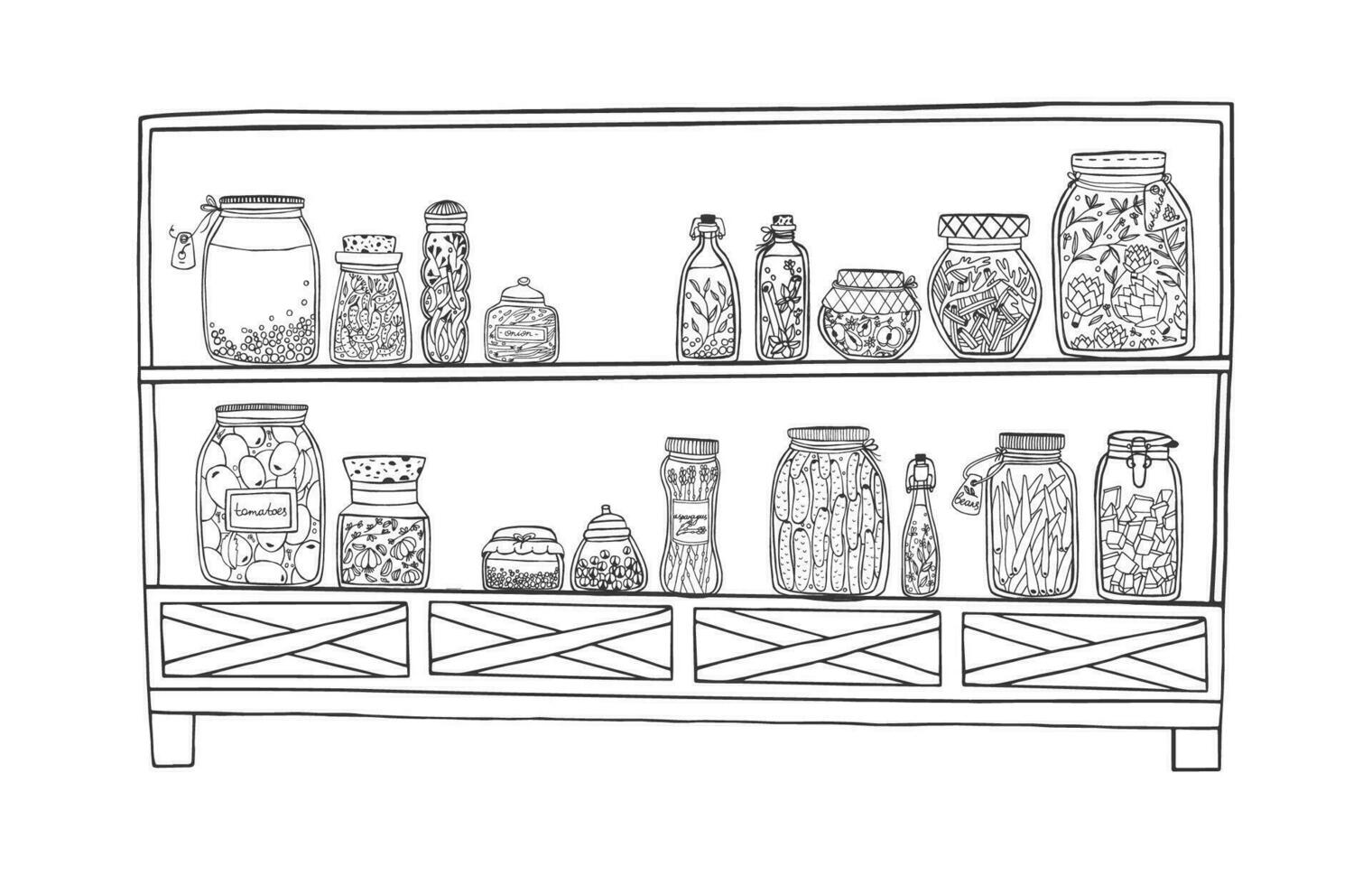 Rack with pickled jars with vegetables, fruits, herbs and berries on shelves. Autumn marinated food. Contour Illustration. vector