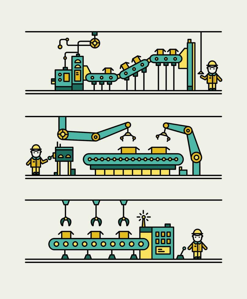 línea Arte transportador sistema en plano estilo. profesional mecanismo a Produce nuevo producto con remoto control. contorno vistoso ilustración. vector