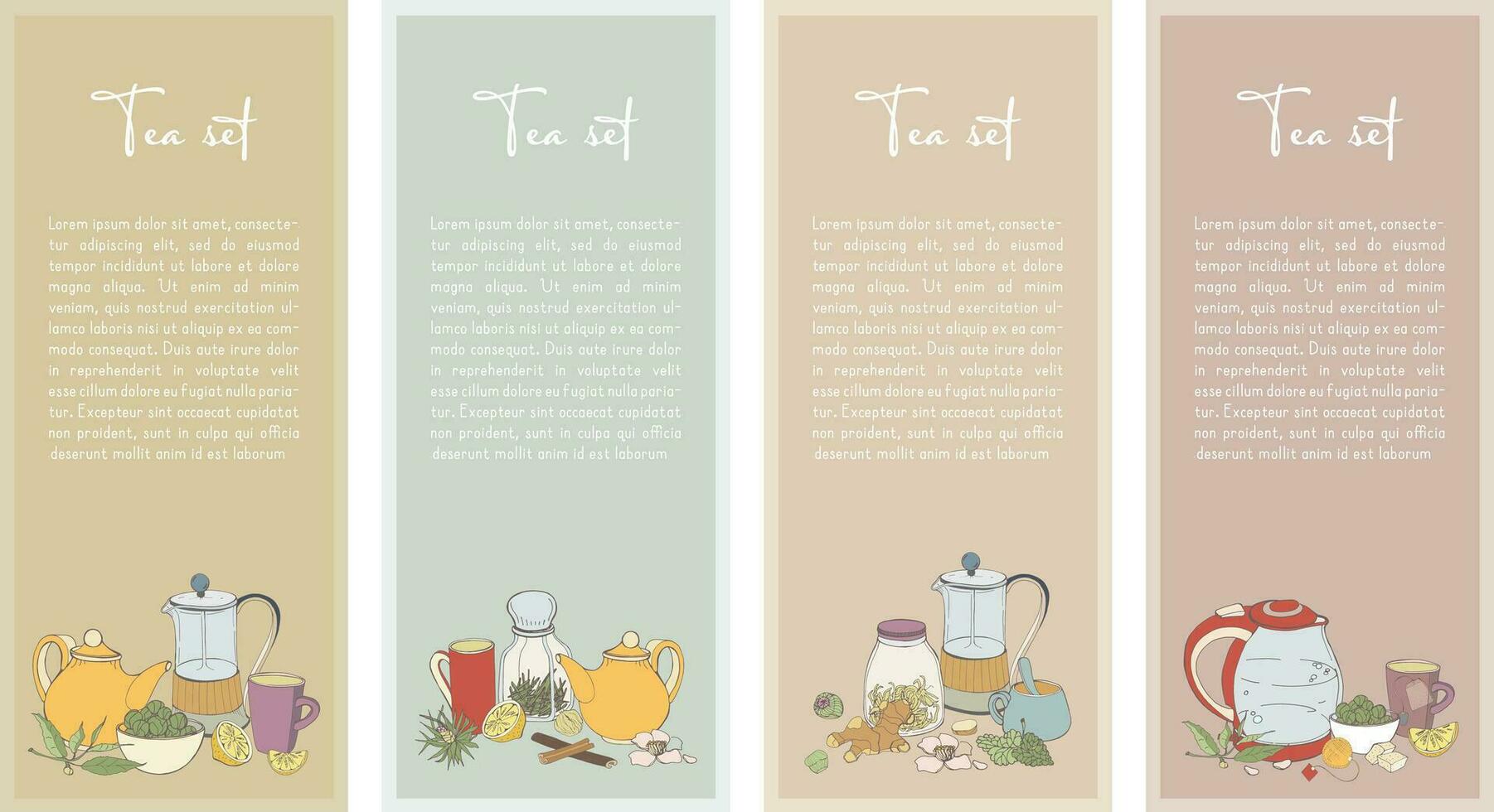 Set with Tea flyer. Collection of vertical banner for shop design. Hand drawn vector colored illustration.