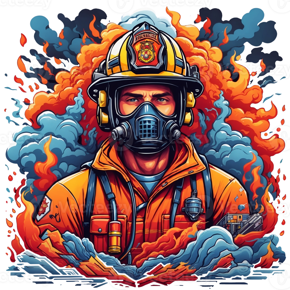 bombero en fuego. bombero en un gas máscara y casco. ai generativo. png