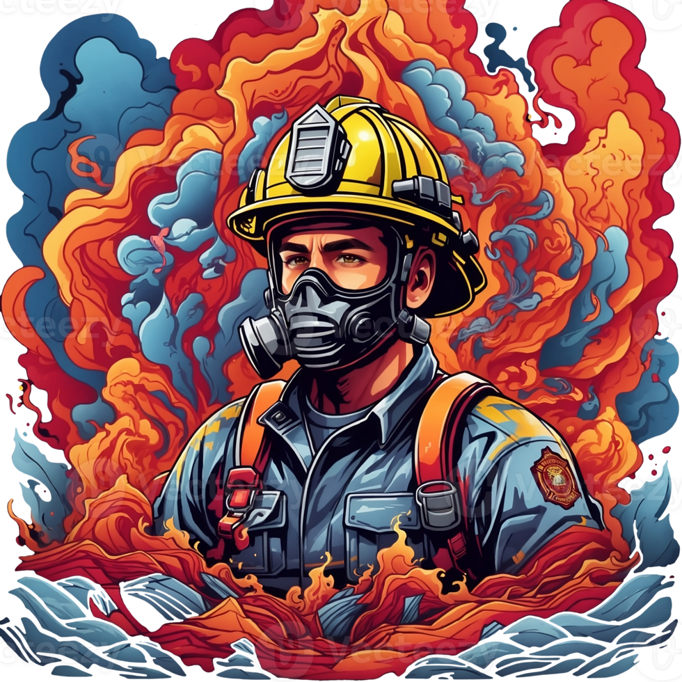 Firefighter in fire. Fireman in a gas mask and helmet. AI Generative. png