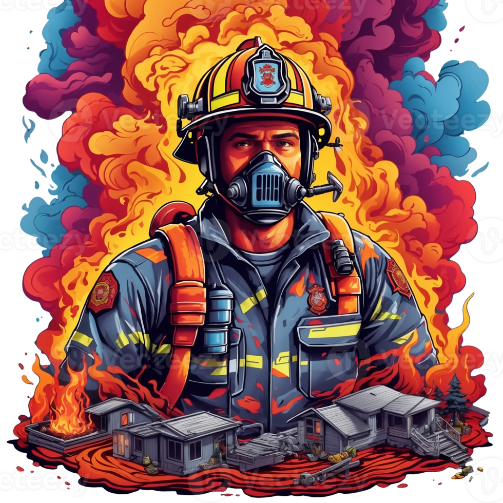 Firefighter in the fire. Vector illustration of a fireman. AI Generative. png