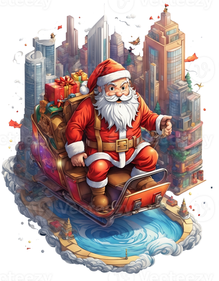 Santa Claus is driving his toy car in the city. 3d illustration, png