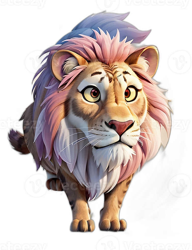 uma desenho animado leão com Rosa cabelo e azul olhos. ai generativo png
