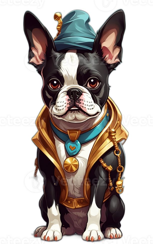 A cute Boston Terrier in a jacket and a beret. png