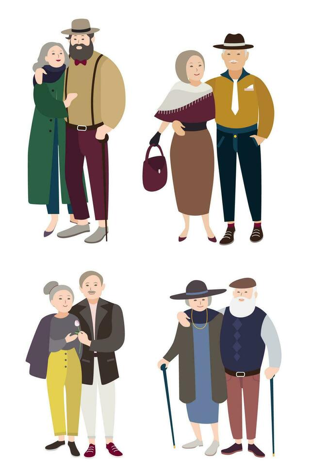 mayor parejas en amor. relaciones con Envejecido hombre y mujer. vistoso plano ilustración. vector