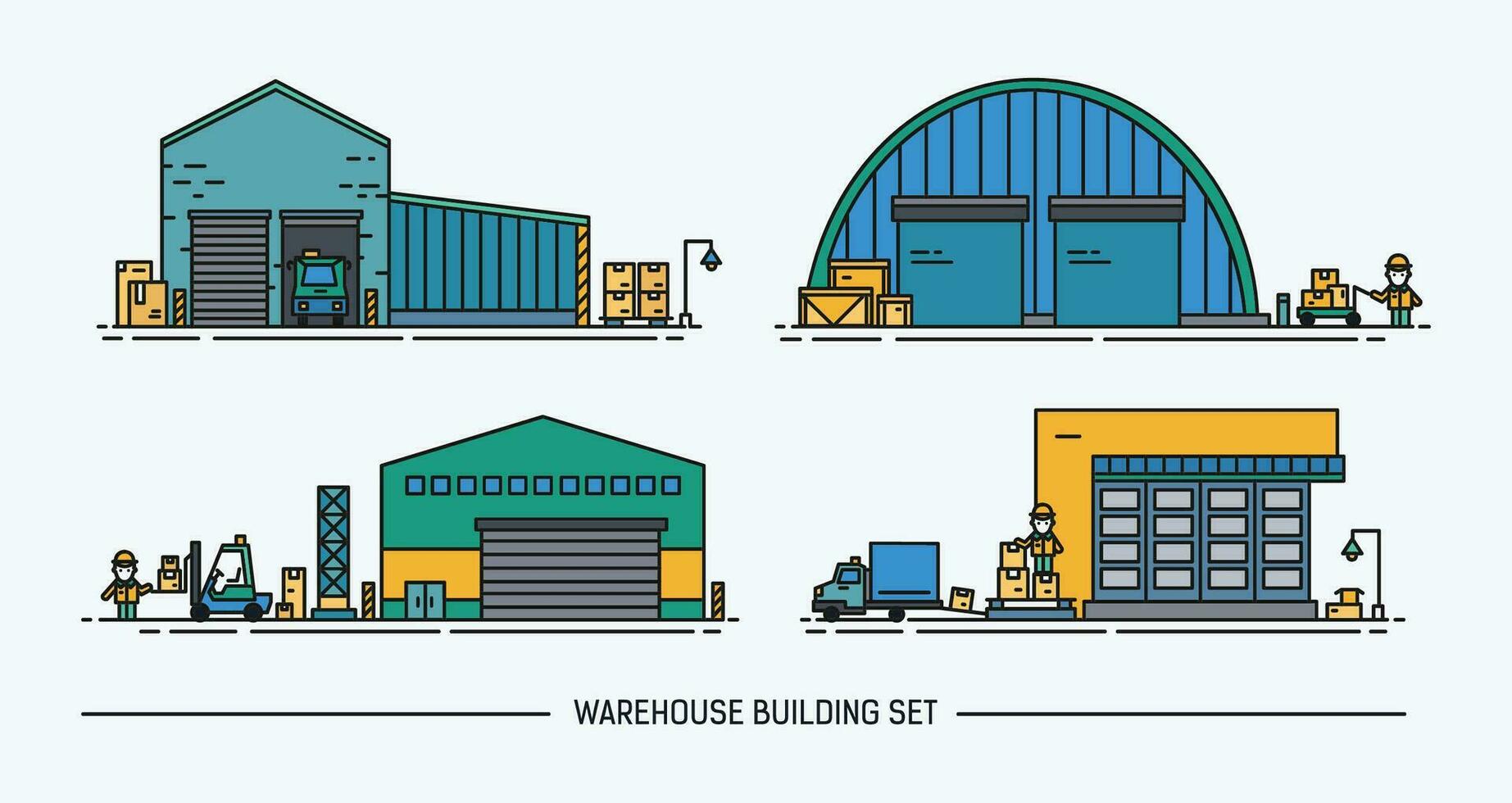 Set of warehouse buildings of different shape with freight transport. Lineart. Colorful. vector