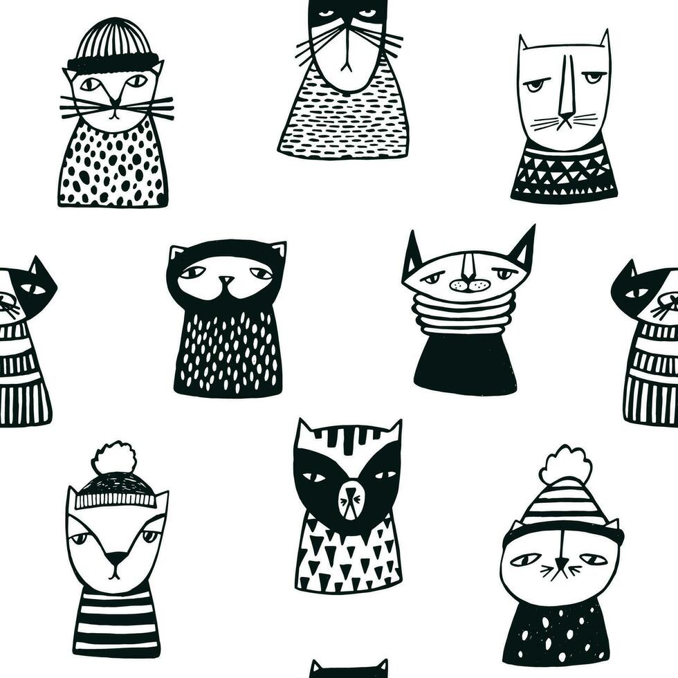 Seamless pattern with funny cartoon cats muzzles. Hand drawn doodle kitty on white background. vector