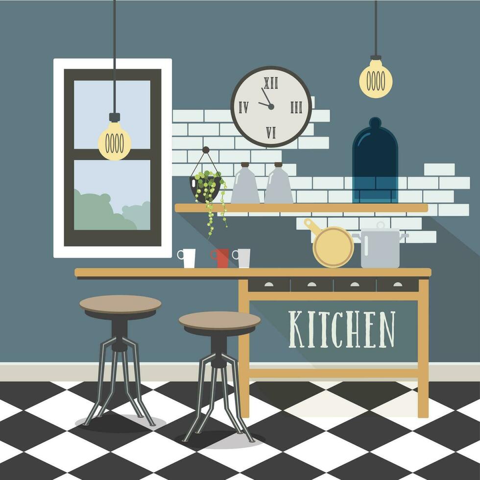 moderno cocina interior en desván estilo. vistoso plano ilustración. vector