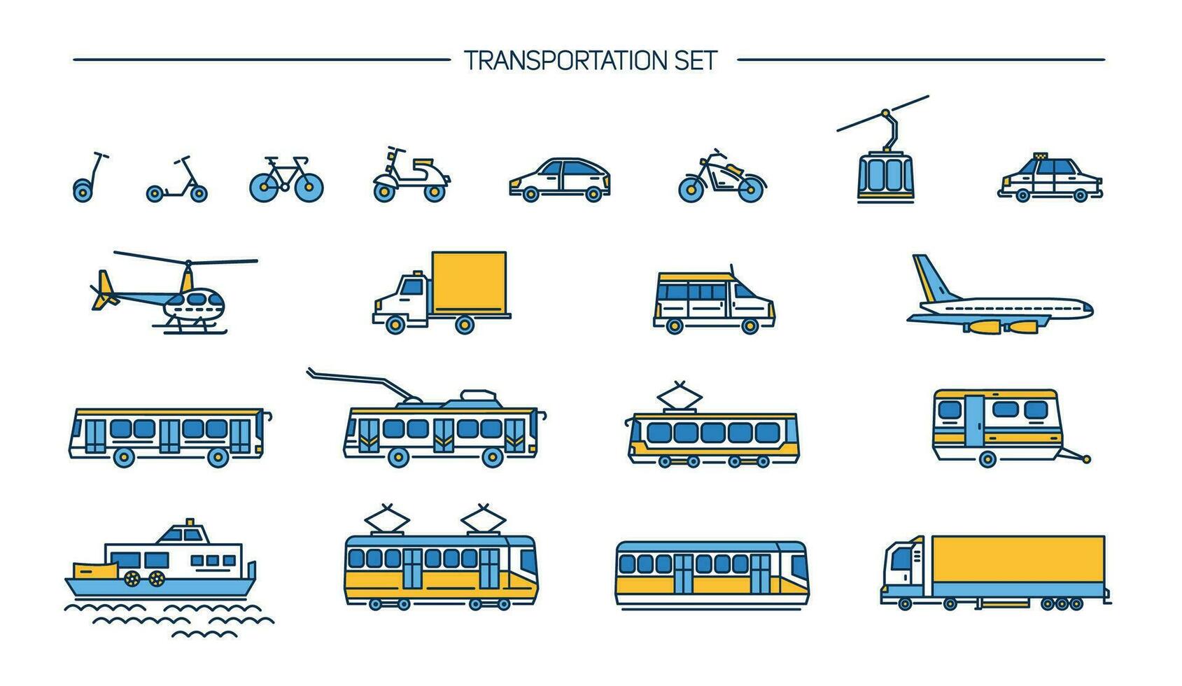 Lineart icon set with ground transport, aviation and water transportation on white background. Collection with bike, bus, trolley, subway, train, car, airplane, scooter, funicular, tram, plane, boat. vector