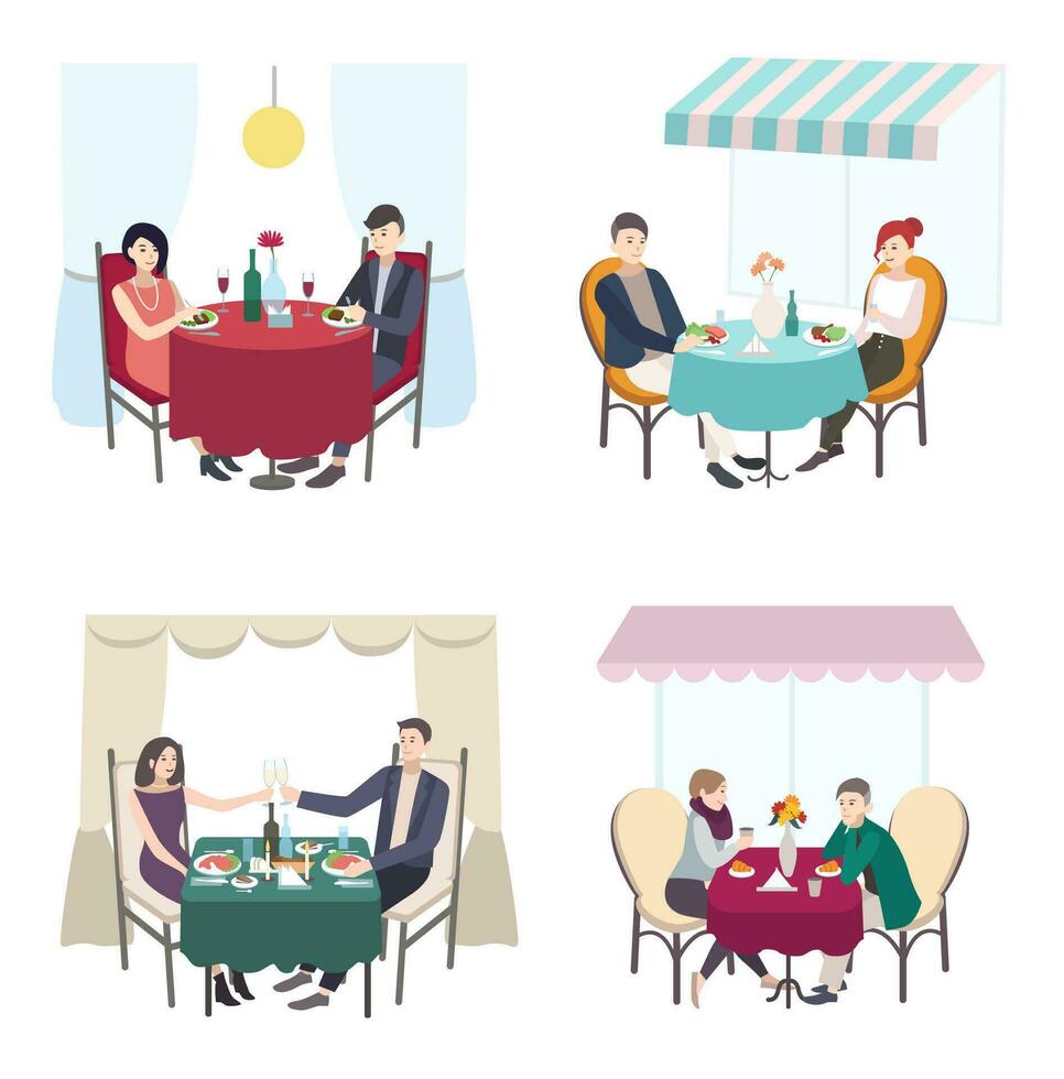 romántico Pareja cena en cafetería, restaurante. conjunto de hombres y mujer fecha. colección plano ilustración. vector