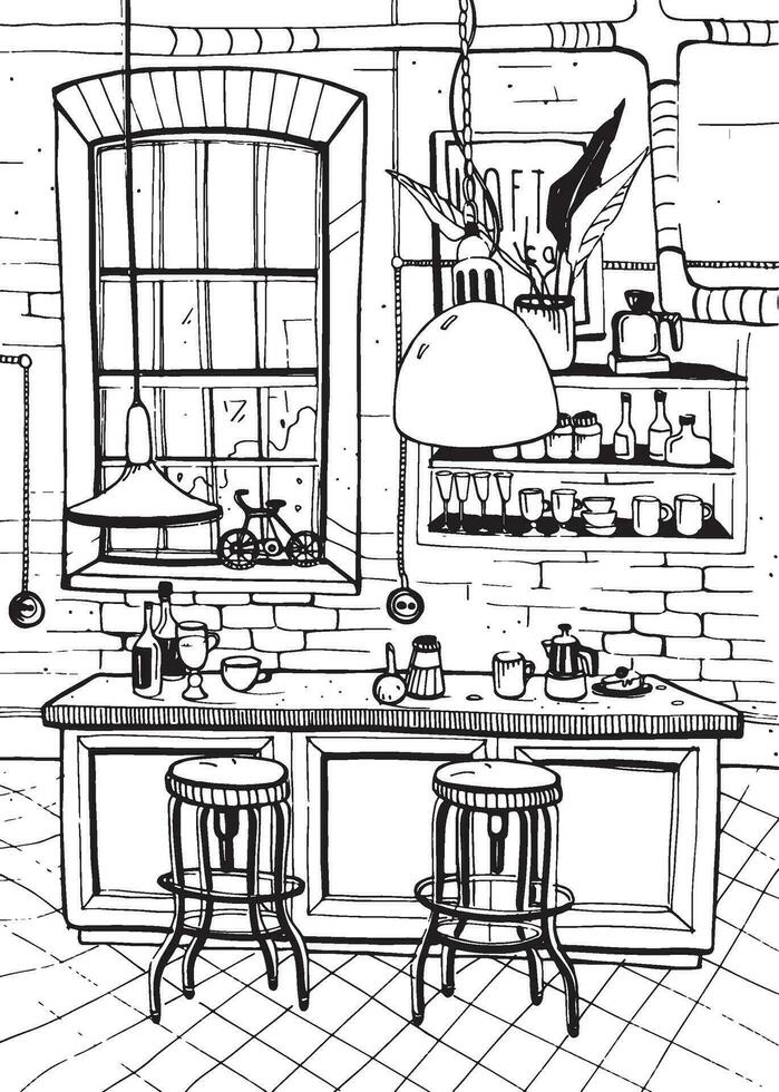 Modern cafe interior in loft style. Hand drawn sketch illustration. vector