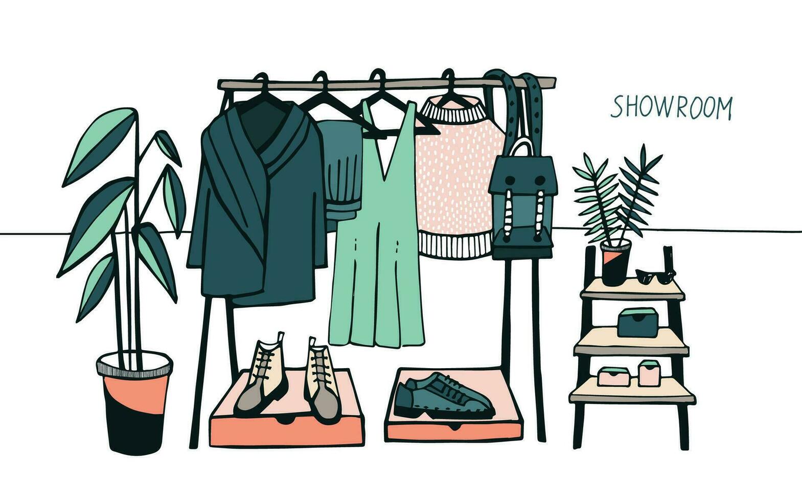 Vector illustration showroom. Coat rack with clothes, bags, boxes and shoes, fashion, modern style. Colorful.