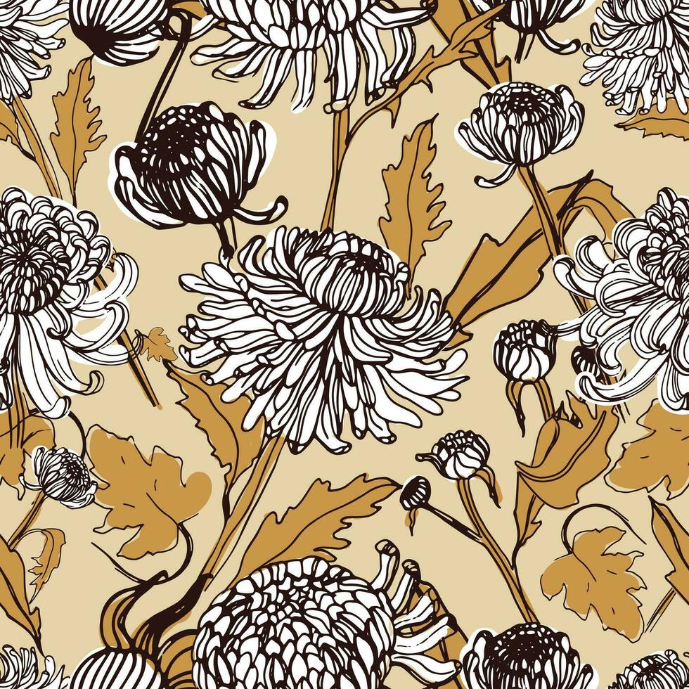 Japanese chrysanthemum hand drawn seamless pattern with buds, flowers, leaves. Vintage style illustration. vector