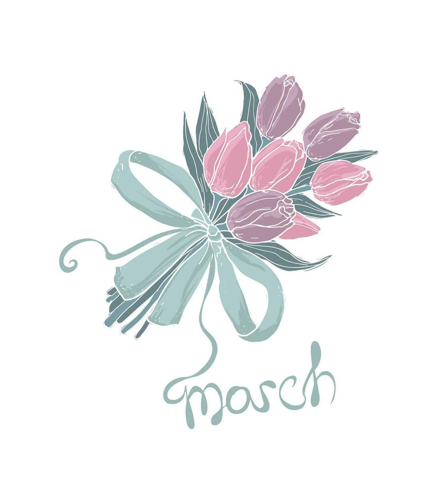 8 March greeting card. Women's Day design template with flower bouquet. vector
