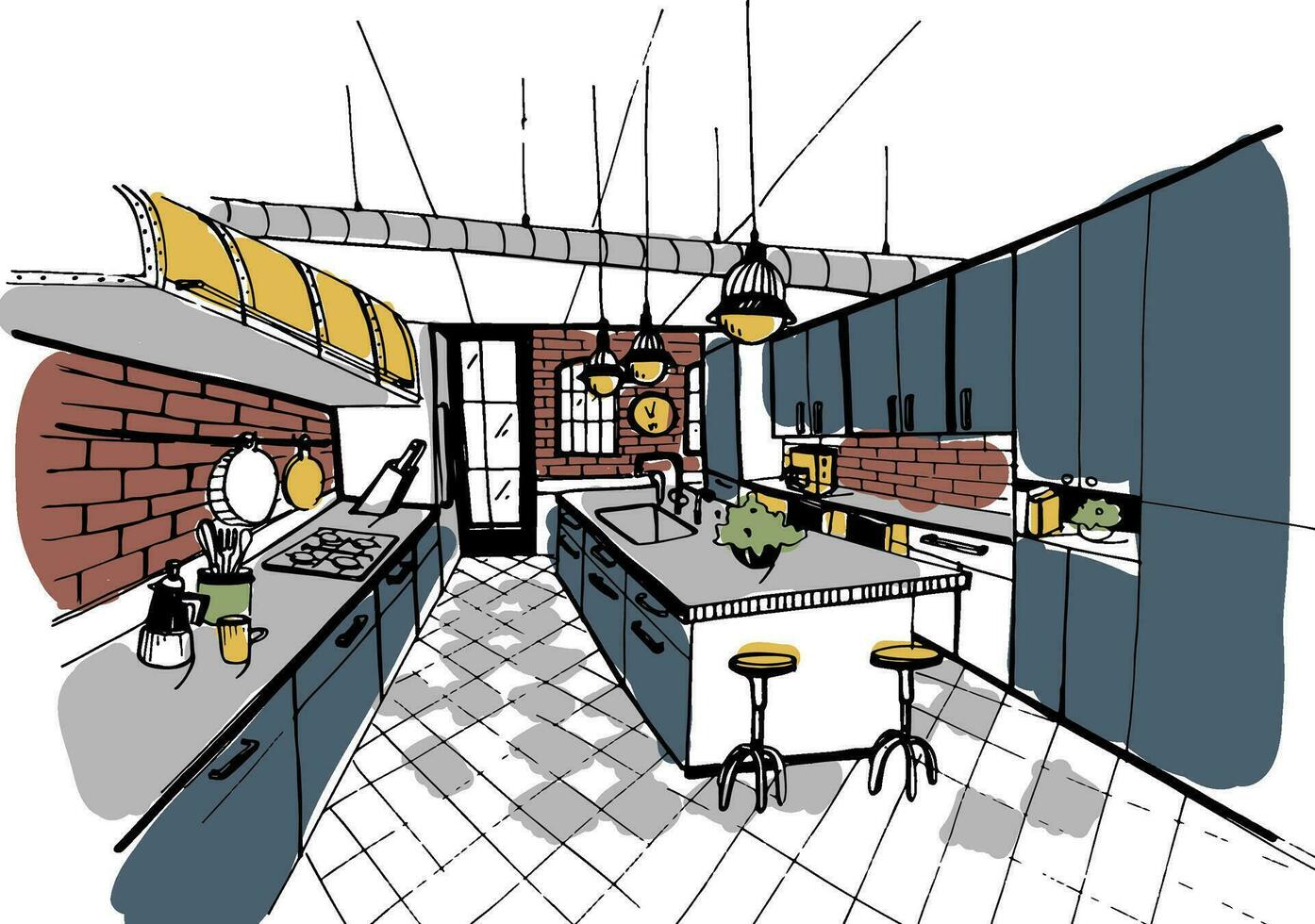 Modern kitchen interior in loft style. Hand drawn colorful illustration. vector