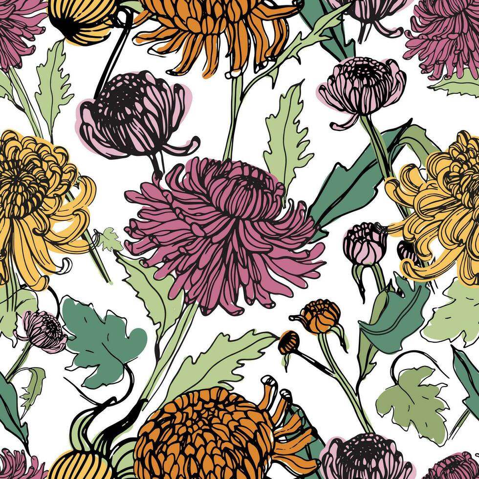 Japanese chrysanthemum hand drawn seamless pattern with buds, flowers, leaves. Colorful vintage style illustration. vector