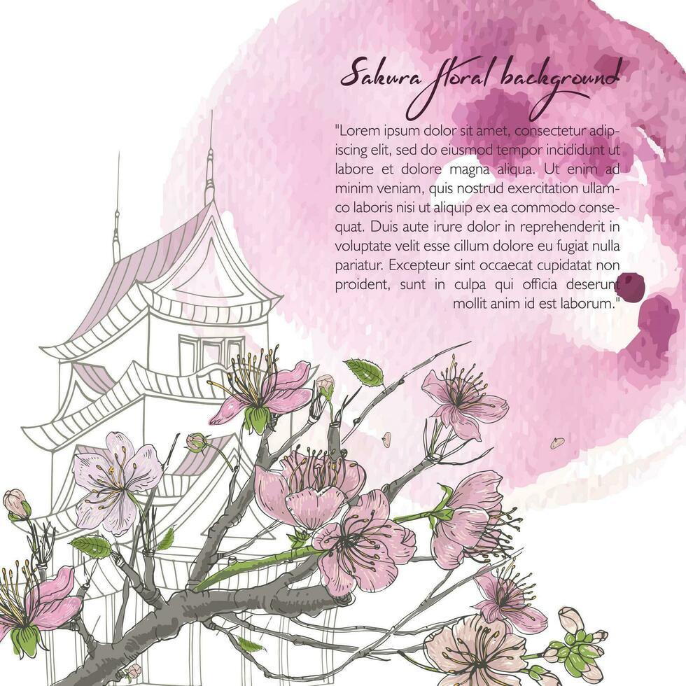 Hand drawn spring background with blooming sakura, japanese house and watercolor stain. Design template with place for text. vector
