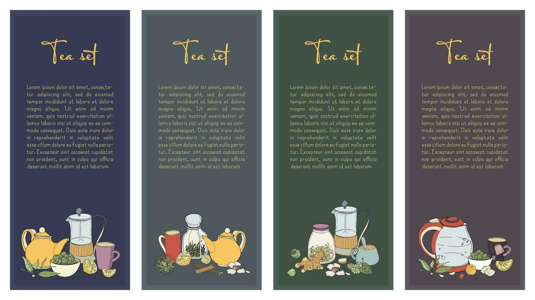 Set with Tea flyer. Collection of vertical banner for shop design. Hand drawn vector illustration.