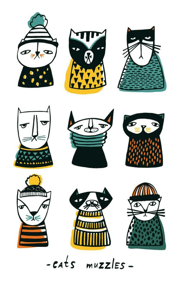 Set with cartoon cats muzzles. Hand drawn doodle kitty collection on white background. Colorful vector illustration.