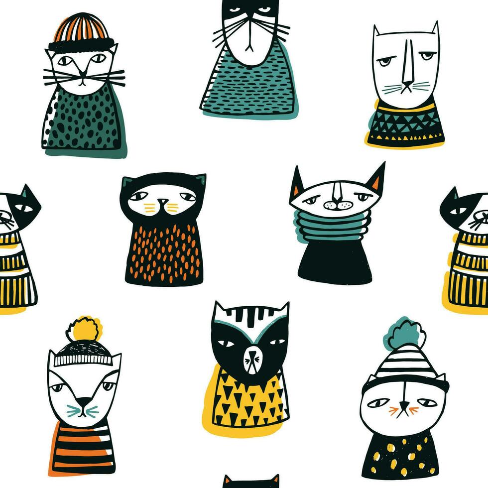 Seamless pattern with funny cartoon cats muzzles. Hand drawn doodle kitty on white background. vector