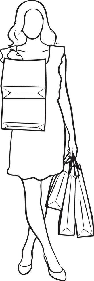 Woman Shopping Line Drawing. vector