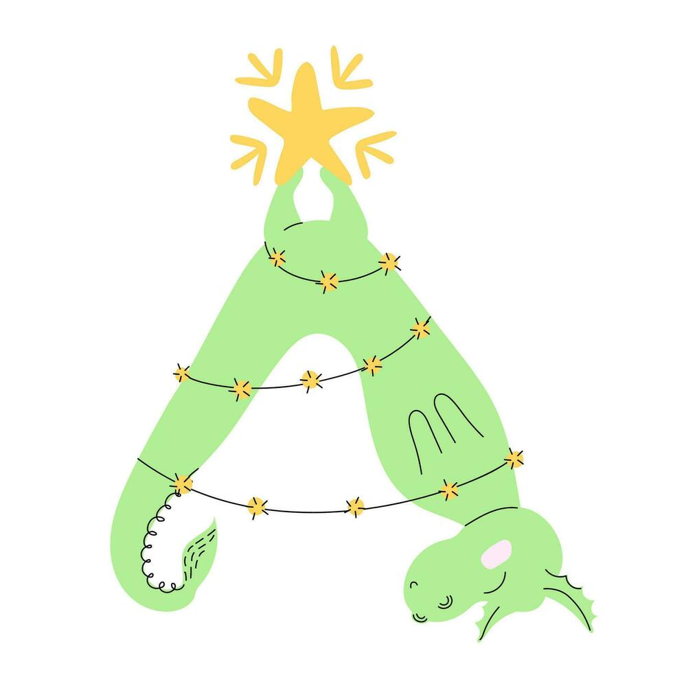 Green dragon symbol of 2024 in a Christmas tree electric garland with big star. holiday card vector