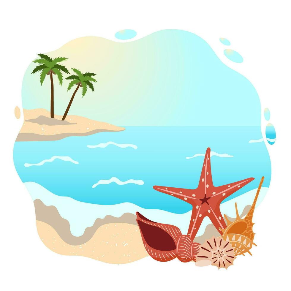 Tropical island with seashells, starfish, palm trees in the ocean. Summer vacation landscape, sea vector
